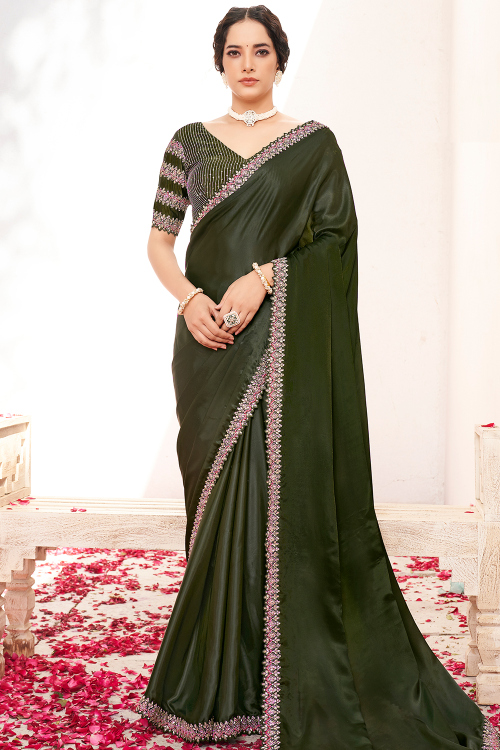 Army Green Silk Blend Embroidered Fancy Saree