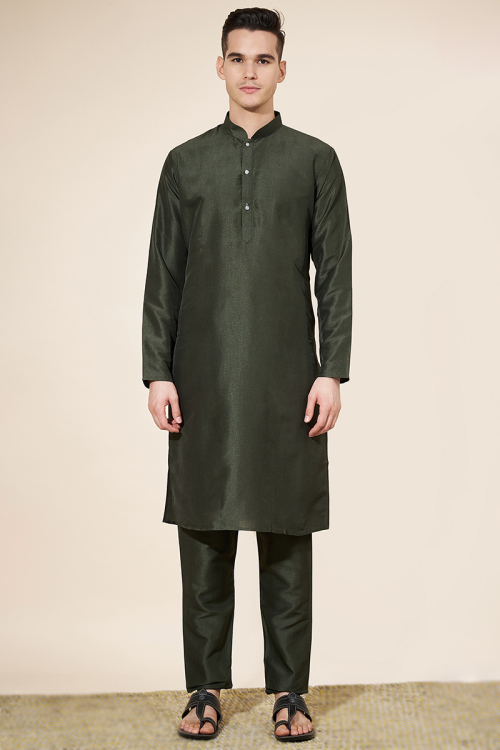 Army Green Silk Plain Straight Cut Men's Kurta Pajama