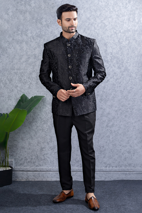 Art Silk Black Jodhpuri Style Men&#039;s Sherwani With Weaved Work