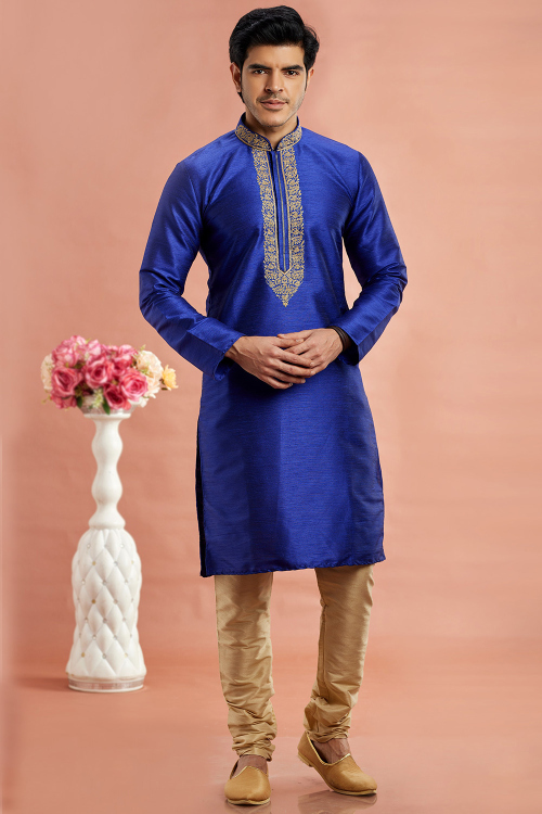 Art Silk Blue Embroidered Straight Cut Men's Kurta Churidar 