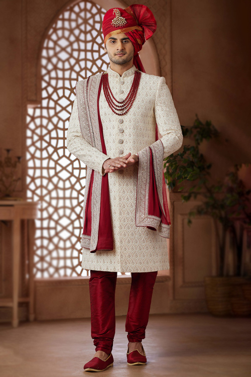 Art Silk Embroidered Off White Straight Cut Men's Sherwani