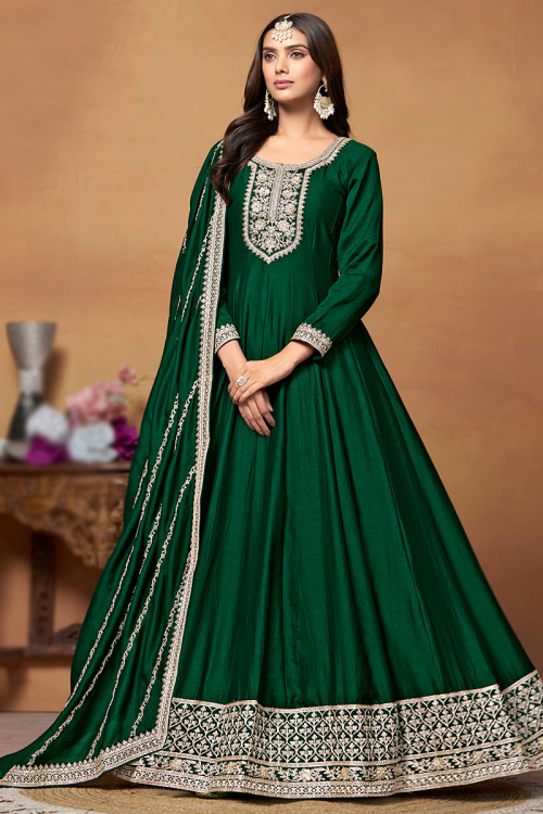 Art Silk Emerald Green Patch Embroidered A Line Anarkali Suit