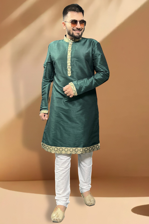 Art Silk Lace Bottle Green Straight Cut Men's Kurta Churidar 