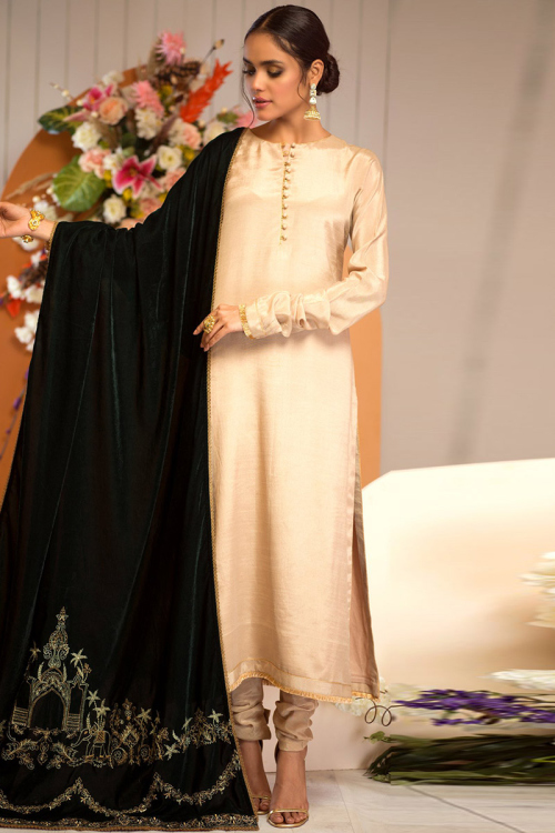 Art Silk Light Beige Party Wear Pakistani Churidar Salwar Kameez with Lace Work