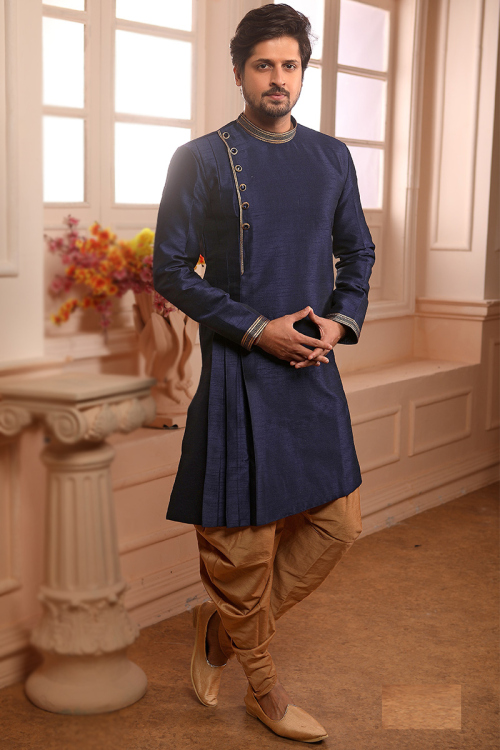 Art Silk Navy Blue Assymetrical Men's Dhoti Kurta With Lace 