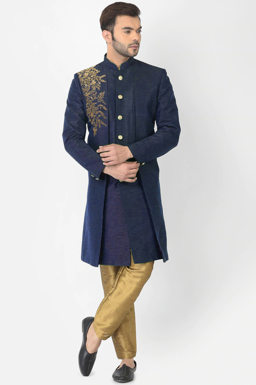 Navy Art Silk Sherwani with Embroidered Jacket & Resham Work