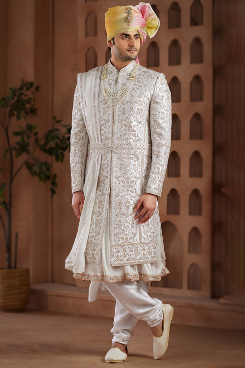 Art Silk Off White Embroidered Men's Sherwani With Anarkali Style Kurta