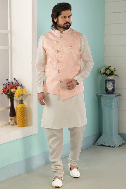 Art Silk Off White Men's Kurta Churidar With Weaved Waistcoat