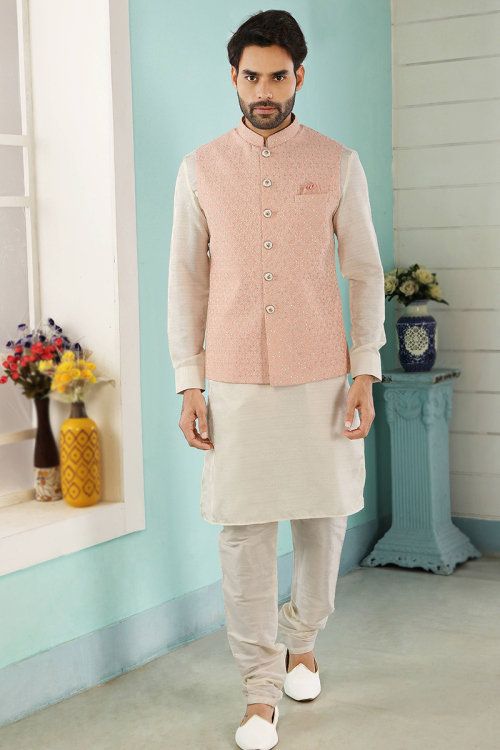 Art Silk Off-White Weaved Men's Kurta Churidar With Waistcoat
