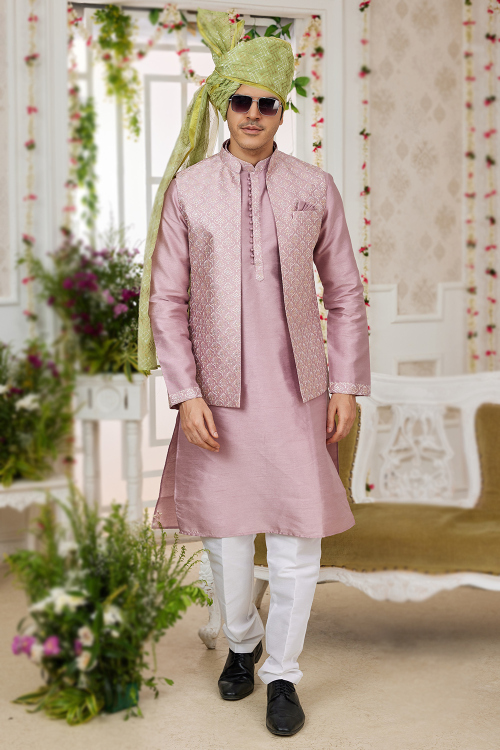 Art Silk Pastel Pink Embroidered Straight Cut Men's Kurta Pajama
