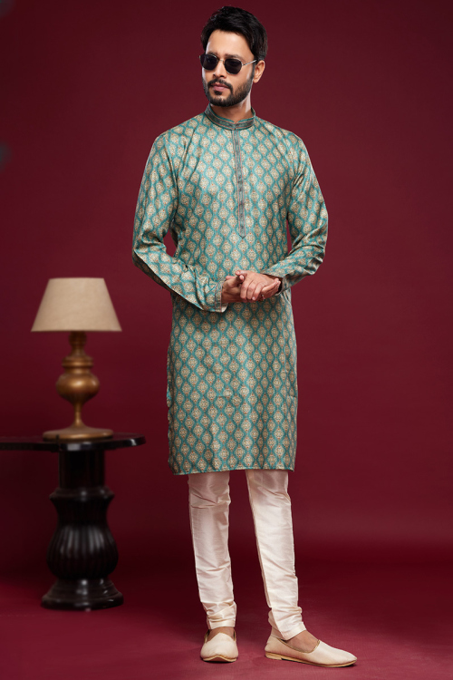 Art Silk Peacock Green Side Slit Men's Kurta Churidar With Print