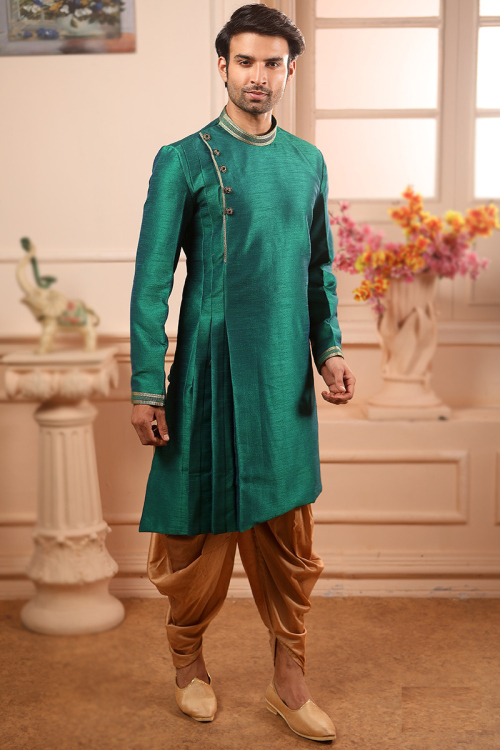 Art Silk Teal Green Assymetrical Men's Dhoti Kurta With Lace