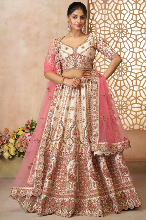 Art Silk White Resham Thread A Line Lehenga 