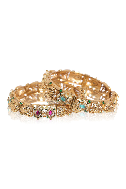 Artisanal Gold Bangle Multi Color Stone Finish