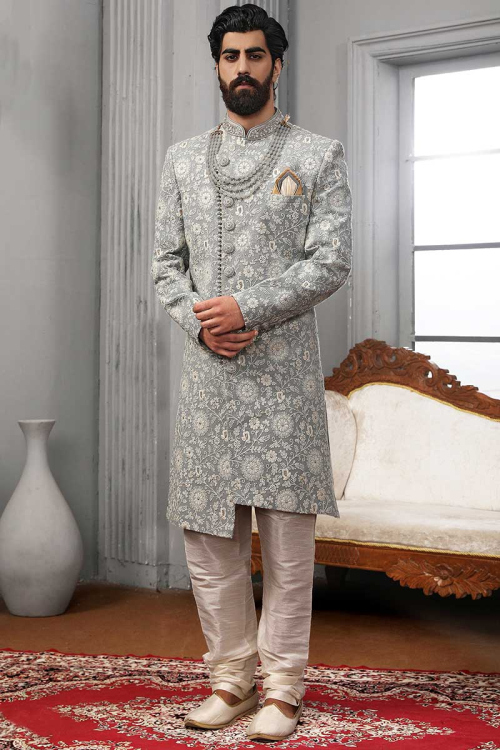 Ash Grey Georgette Dori And Stone Work Embroidered Men Sherwani With Churidar