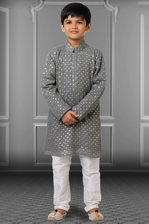 Ash Grey Georgette Sequins Embroidered Boy's Kurta Churidar 