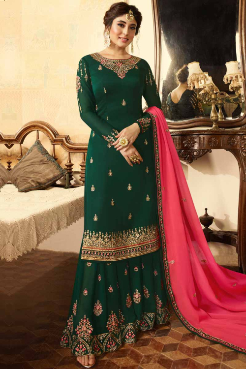 Resham Embroidered Green Georgette Sharara Suit 
