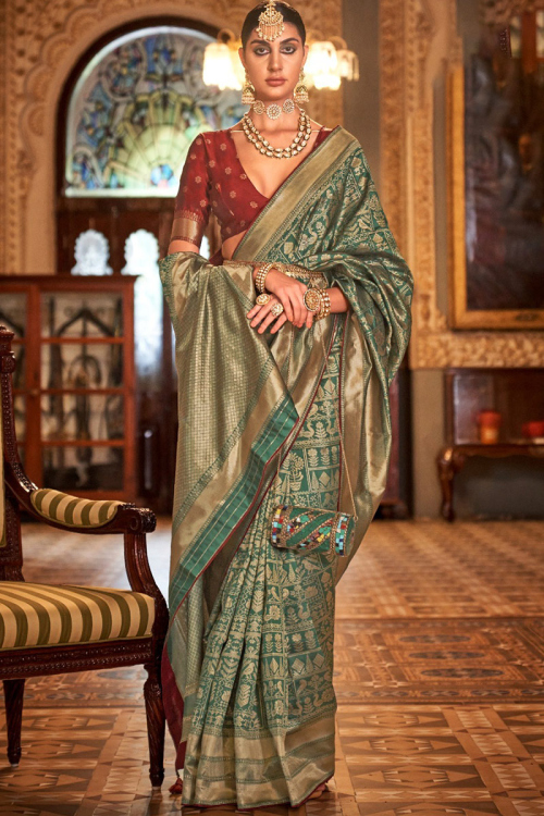 Banarasi Silk Bottle Green Weaved Thread Zari Work Saree