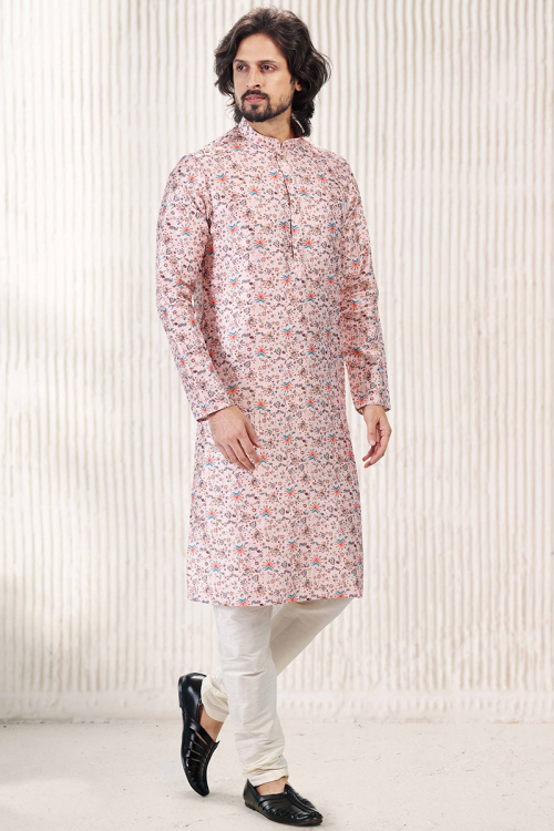 Banarasi Silk Light Pink Printed Men's Kurta Churidar 