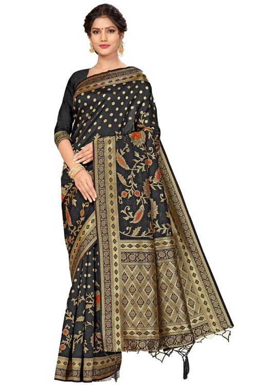 Banarasi Silk Party Wear Floral Print Saree In Black Color