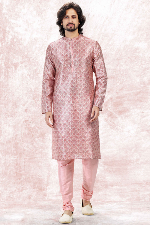 Banarasi Silk Pastel Pink Printed Men's Kurta Churidar 