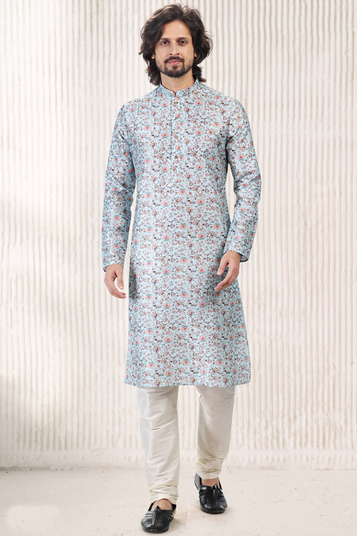 Banarasi Silk Powder Blue Printed Men's Kurta Churidar
