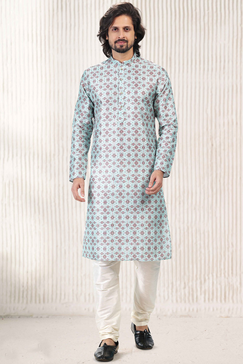 Banarasi Silk Printed Men's Kurta Churidar in Mint Blue