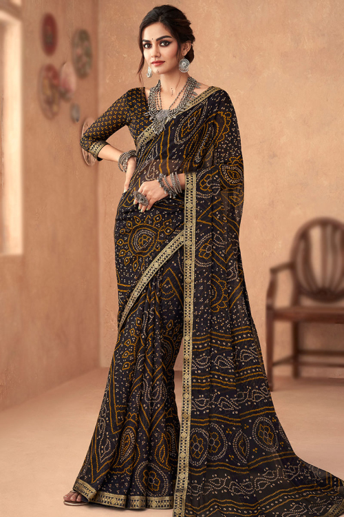 Bandhani Chiffon Saree in Charcoal Grey for Casual Wear 