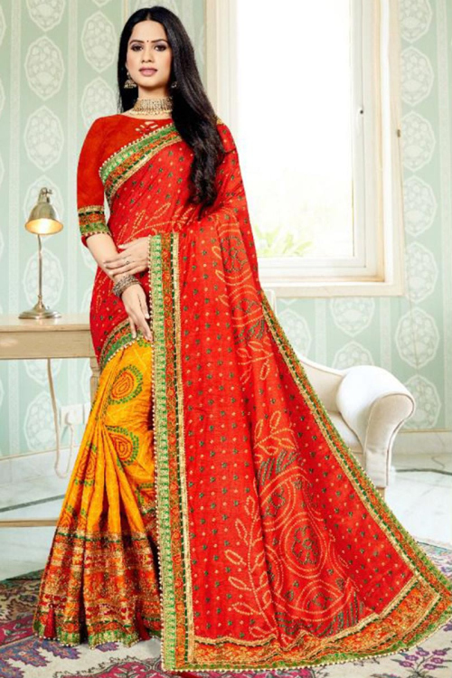 Bandhej Print Red Saree in Silk for Party 