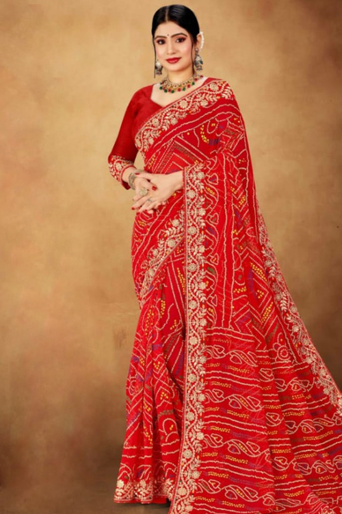 Bandhej Print Red Georgette Saree For Festival 