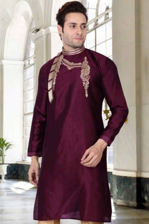 Banglori Silk Wedding Wear Kurta In Wine Colour