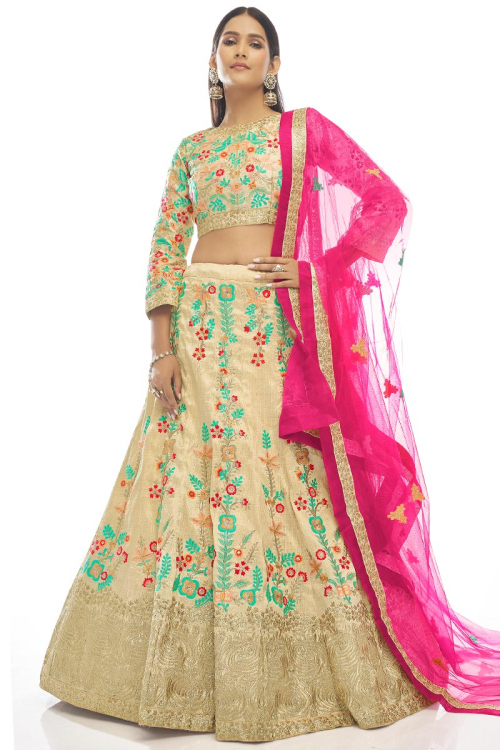 Art Silk Lehenga in Beige colour with Sequins Work for Wedding 