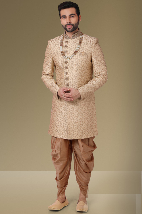 Beige Art Silk Zari Embroidered Men Sherwani