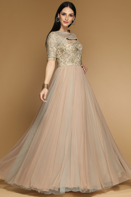 Beige Dupion Embroidered Anarkali Suit for Wedding & Party