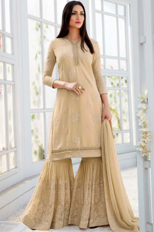Beige Georgette Embroidered Indian Sharara Suit