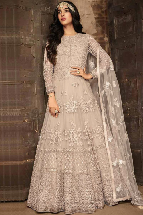 Beige Net Embroidered Anarkali Suit for Wedding & Party
