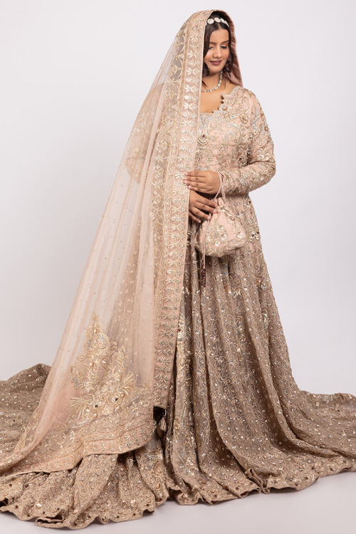 Beige Organza Zardosi Trail Cut Anarkali Bridal Salwar Kameez