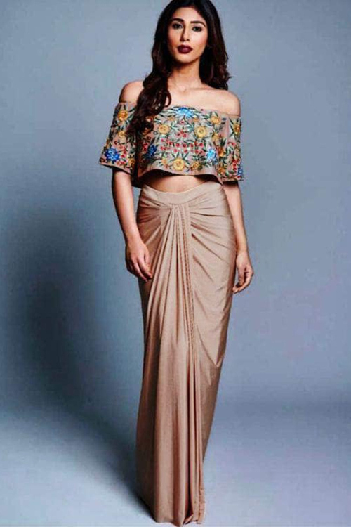 Beige Satin Indo-Western Lehenga for Wedding & Party