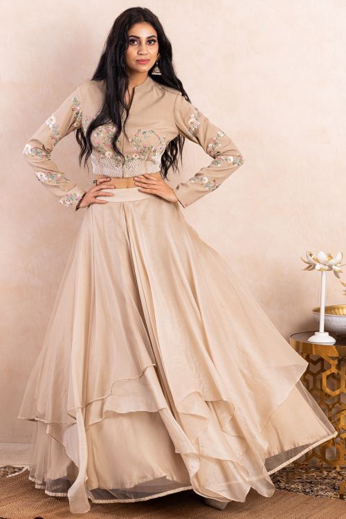 Beige Silk A-Line Lehenga with Resham Work for Wedding