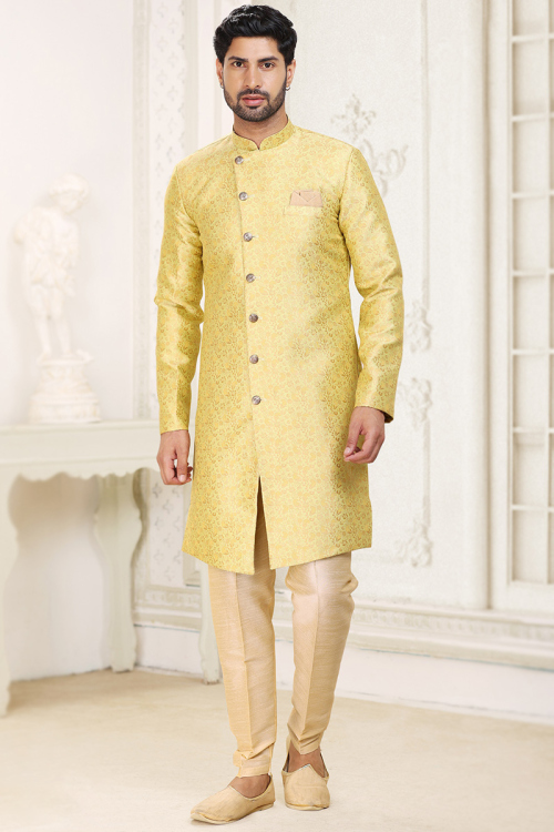 Best Fit Woven Zari Elaborated Light Yellow Men's Sherwani 