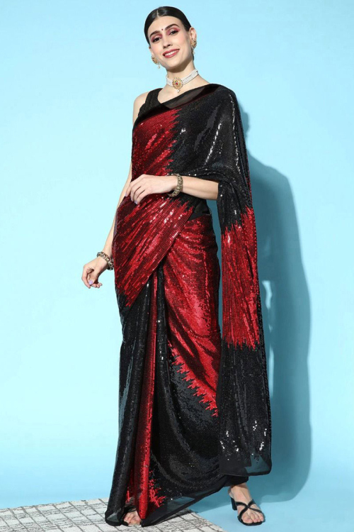 Black And Red Sequins Embellished Saree