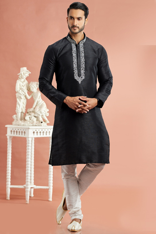 Black Art Silk Embroidered Straight Cut Men's Kurta Churidar 
