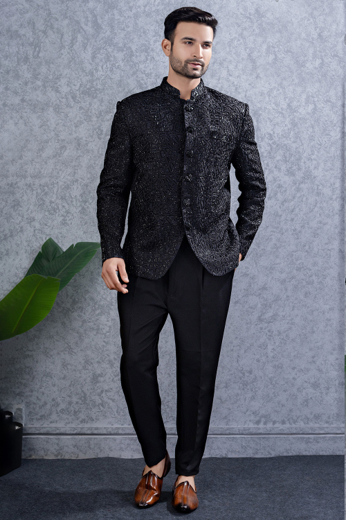 Black Art Silk Jodhpuri Style Men&#039;s Sherwani With Cutdana Work