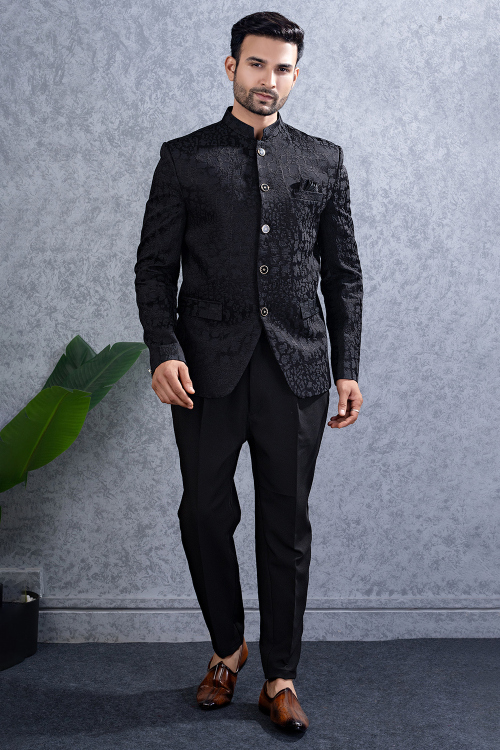 Black Art Silk Jodhpuri Style Men&#039;s Sherwani With Weaved Work