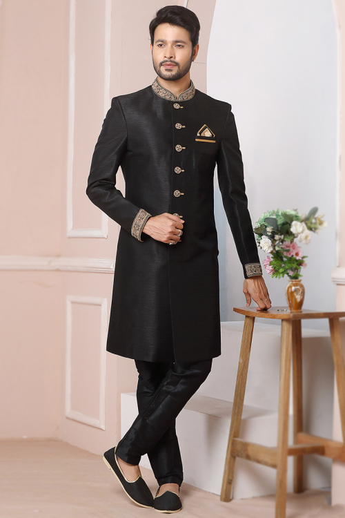 Black Banarasi Silk Embroidered Men's Sherwani