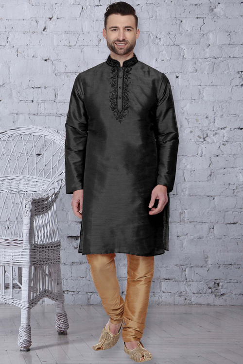 Black Banglori Silk Kurta Pajama With Resham Work