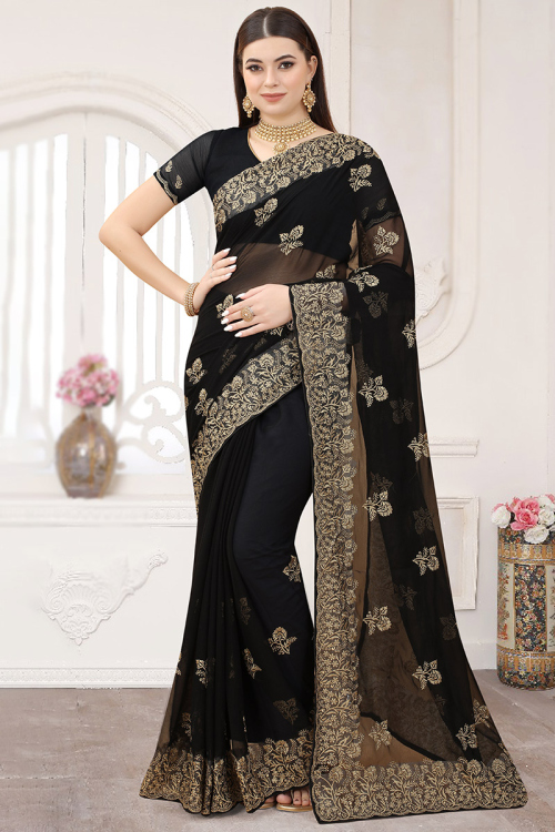 Party Wear Zari Embroidered Black Saree in Chiffon