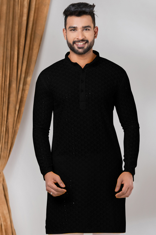 Black Chikankari Embroidered Rayon Men's Kurta for Wedding & Party