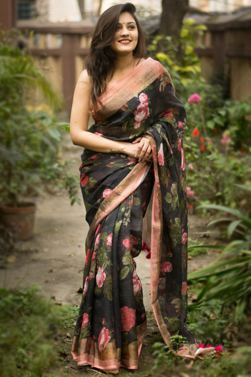 Black Cotton Blend Digital Print Saree