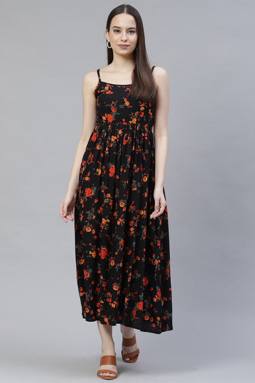 Black Cotton Dress With Printed Work For Casual Wear